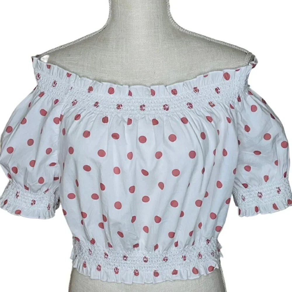 J. CREW Puff-Sleeve Smocked Polka Dot Top, Size Medium - NWT